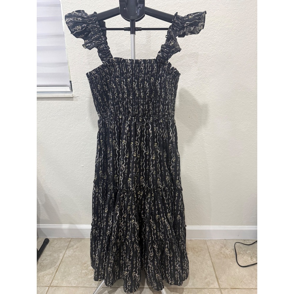 En Saison Black Floral Ribbon Bow Smocked Tiered Midi Dress Ruffle Strap Medium
